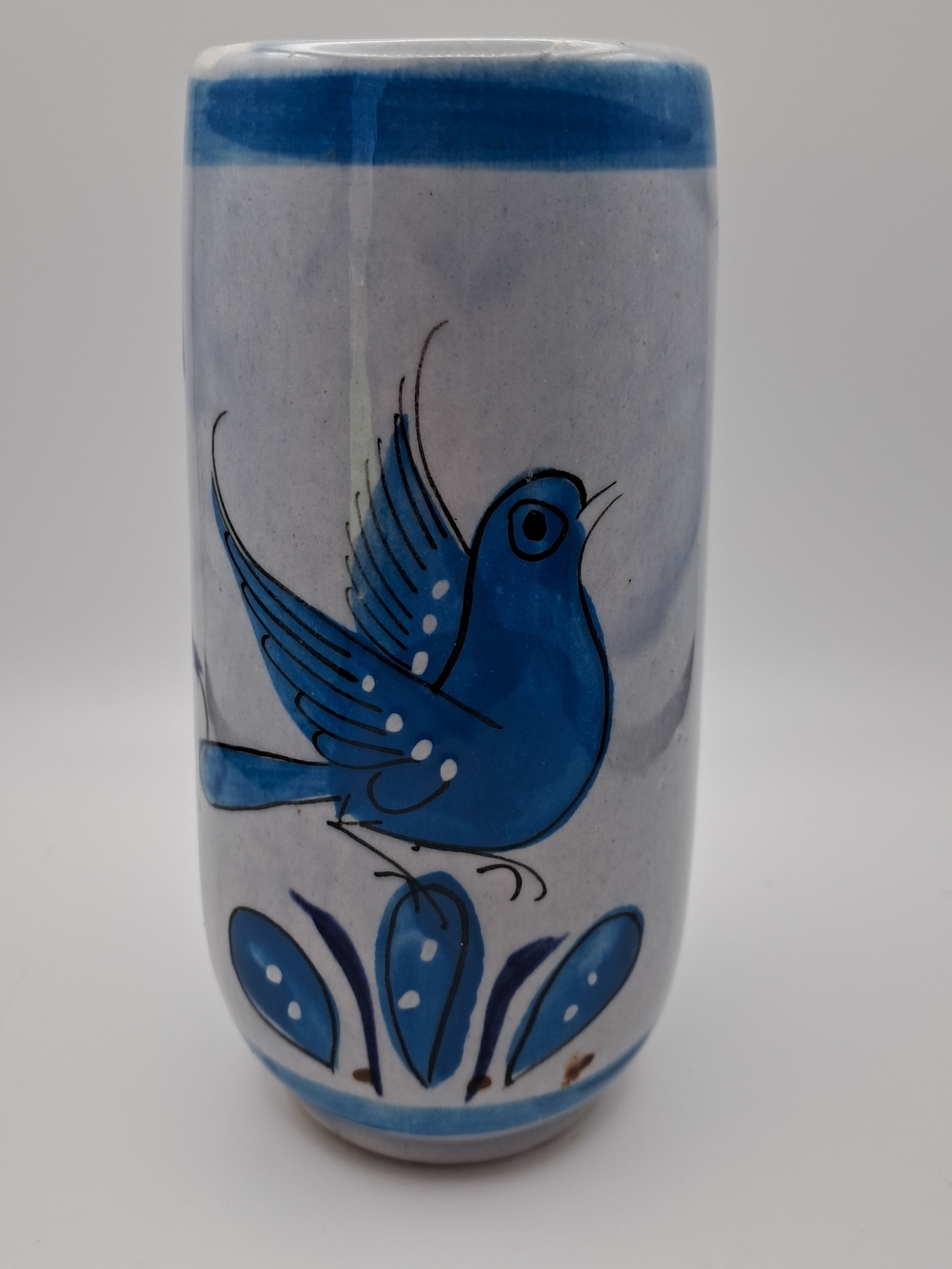 ​Vintage Tonala Mexico Pottery Vase Hand Painted Blue Bird Floral Stoneware